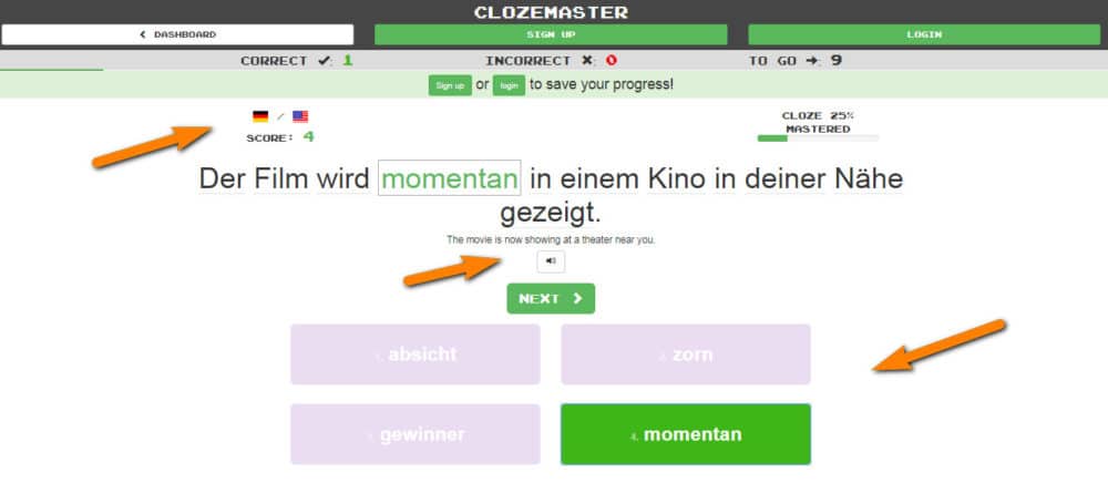 ألعاب تعلم اللغة الألمانية منصة Clozemaster